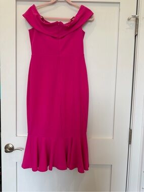 MARINA Off-The-Shoulder Midi Dress in Bright Fuchsia